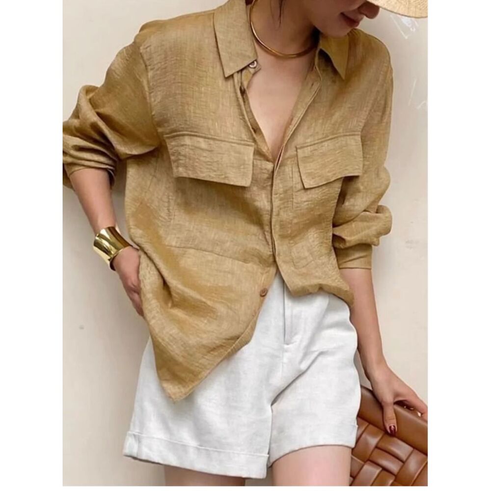 Ellen Tracy Women's Mustard Linen Button-Down Shirt Size 10 Relaxed Fit